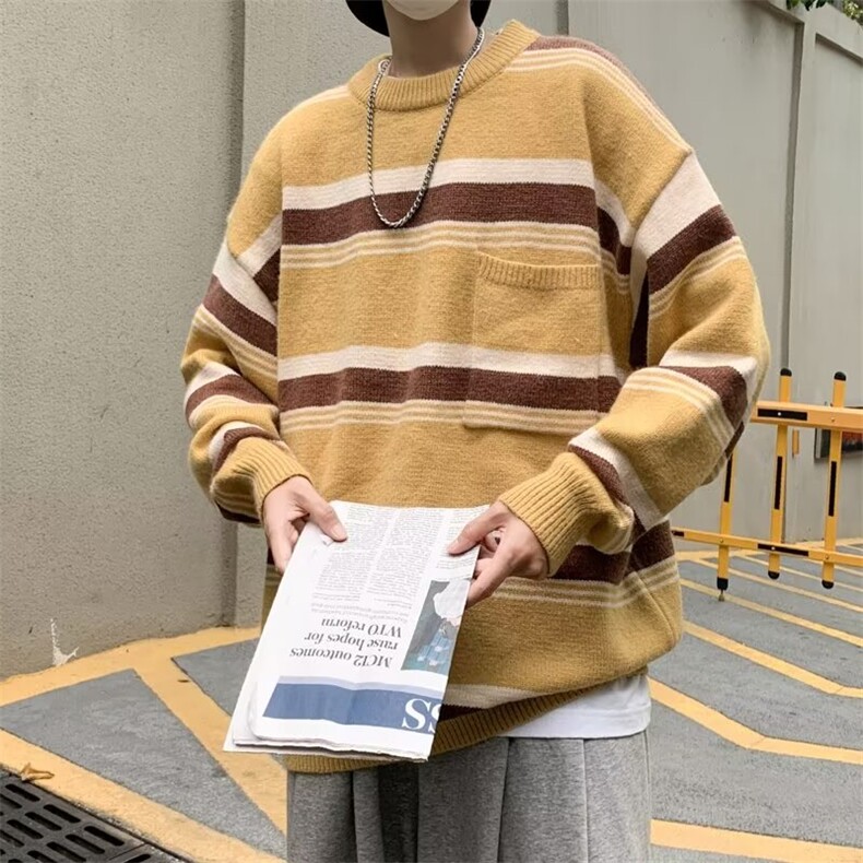 美式复古条纹毛衣男秋冬港风宽松圆领针织衫休闲毛线衣潮M7115,男装针织衫/毛衣,星座1116A-1（原606A）