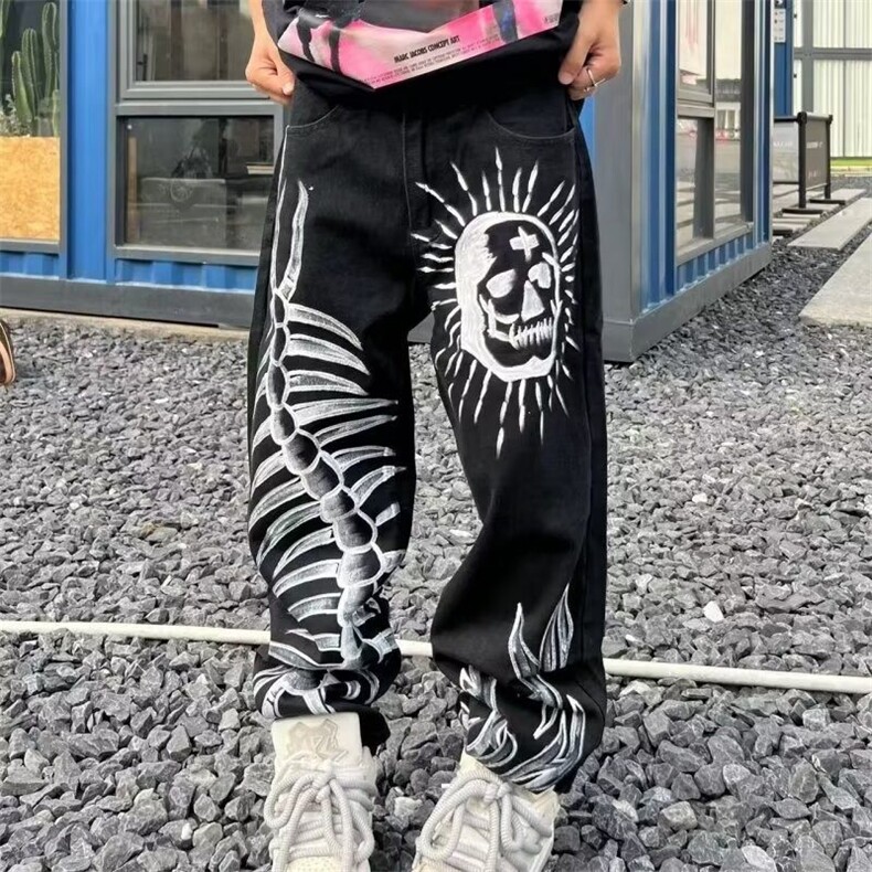 涂鸦骷髅印花复古牛仔裤男女同款潮牌小众街头嘻哈直筒宽松长裤春图片