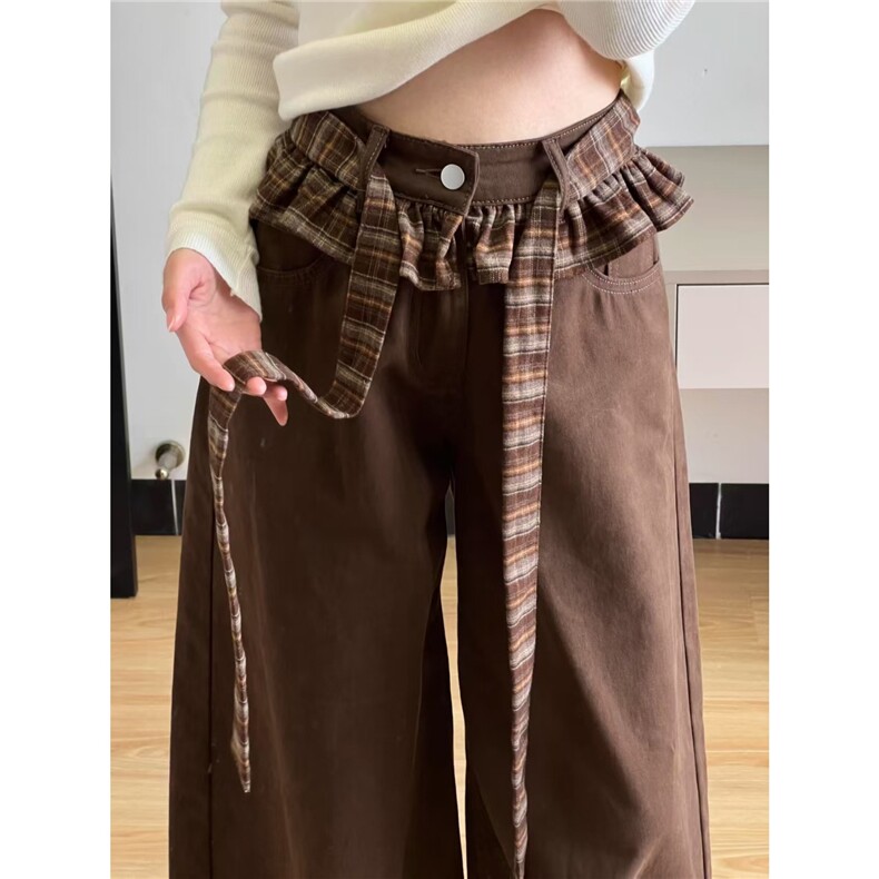 美拉德棕色双腰头蝴蝶绑带牛仔裤女春秋季设计感直筒宽松阔腿裤子,男装牛仔裤,星座1210-1