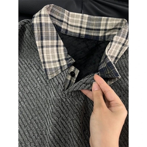 DD41特P35网图假两件衬衫领卫衣男秋冬美式复古拼接-图片