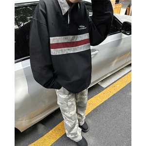 E38P60潮牌复古撞色拼接不规则设计POLO领衬衫男女in图片