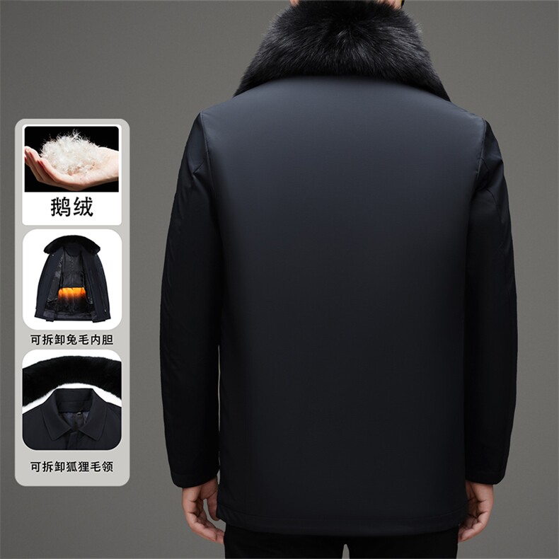 鹅绒兔毛内胆派克服男士大毛领皮草中老年脱卸狐狸毛领羽绒服外套,男装羽绒服,钱塘723