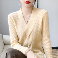 2024秋季新款抽条扭花女V领女套头羊毛打底衫，女装羊毛衫，北娇羊绒