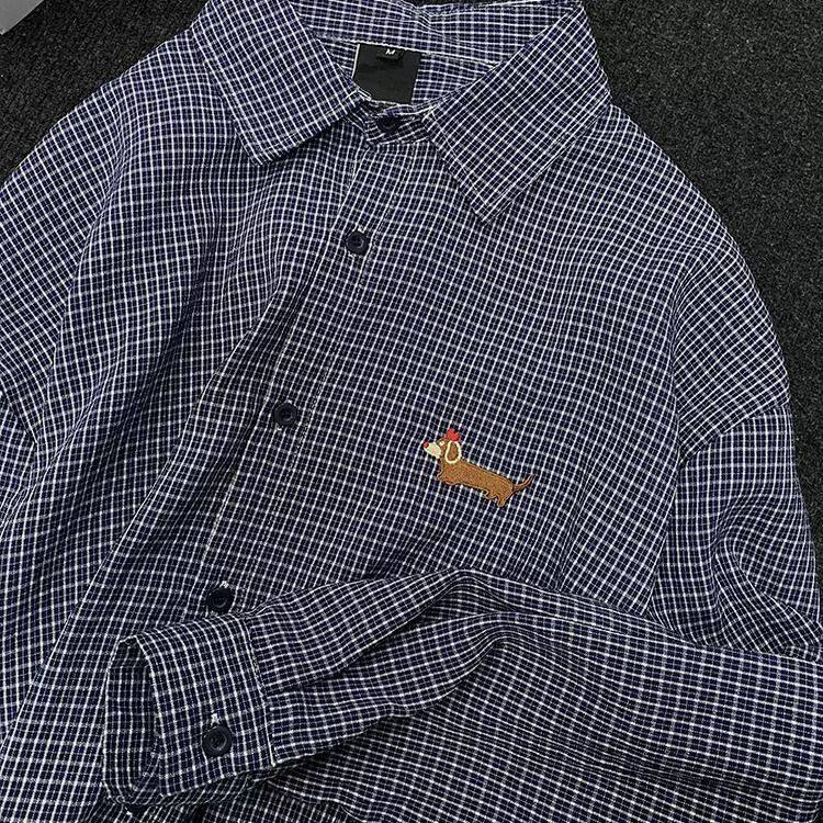 TC639-P45新款藏青格子衬衫外套女宽松刺绣翻领外搭长袖衬衣ins,女装衬衫,星座617A-2
