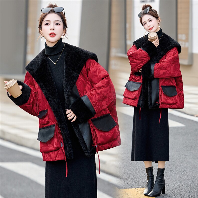 现货，现货，2025冬装新款皮毛一体拼接时尚潮流保暖羽绒服,女装羽绒服,伊仟回