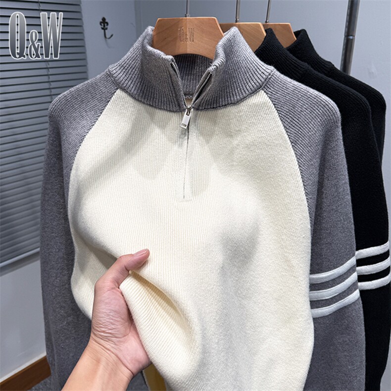 网图76303-P70拼色插肩袖拉链毛衣男款冬季韩版宽松tb针织外套,男装针织衫/毛衣,电商D310B