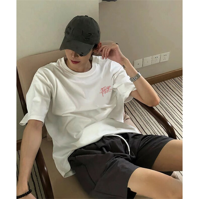 抖音得物供货210克现货宽松纯棉美式潮牌印花落肩袖纯棉T恤AT2172,男装T恤,电商A443