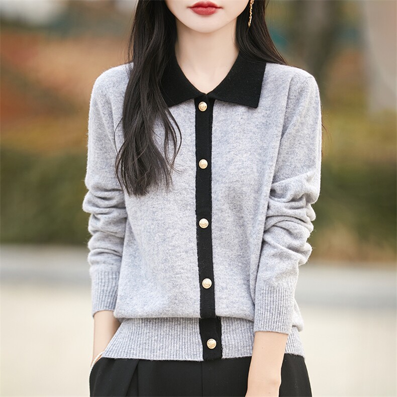 小香风100%纯羊毛开衫女POLO领拼色针织外套上衣宽松羊绒毛衣衬衫，女装羊毛衫，蒙特羊绒