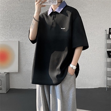T308-P40控68夏季扎染刺绣POLO衫短袖男潮牌宽松格子拼接体恤，男装T恤，电商A058-1（原电商C417）