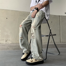 牛仔裤男夏季薄款美式高街vibe风破洞宽松休闲长裤子N0764-P43，男装牛仔裤，星座308B-2