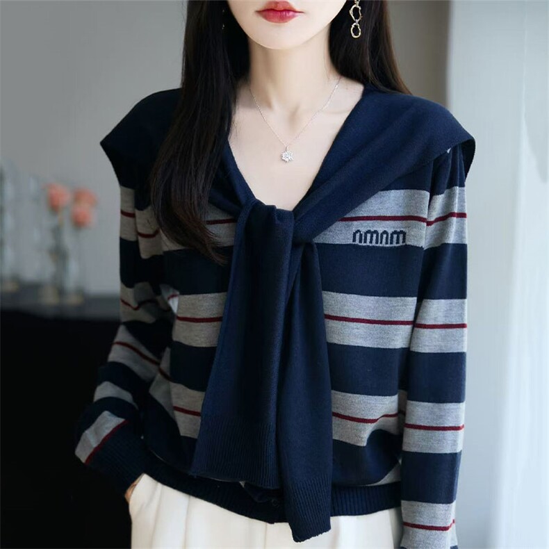 法式撞色条纹假两件披肩针织开衫女短外套毛衣2025新款海军领毛衣，女装针织衫/毛衣，萱芳婷羊绒