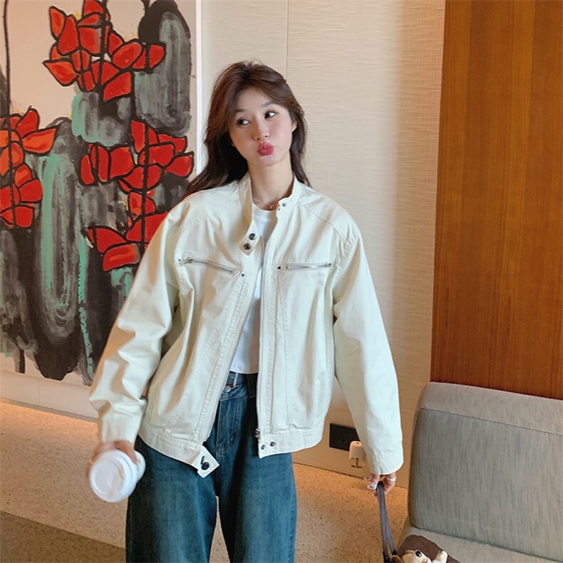 白色工装薄外套女春秋2025新款韩系休闲独特漂亮立领短款正肩夹克,女装短外套,2C198