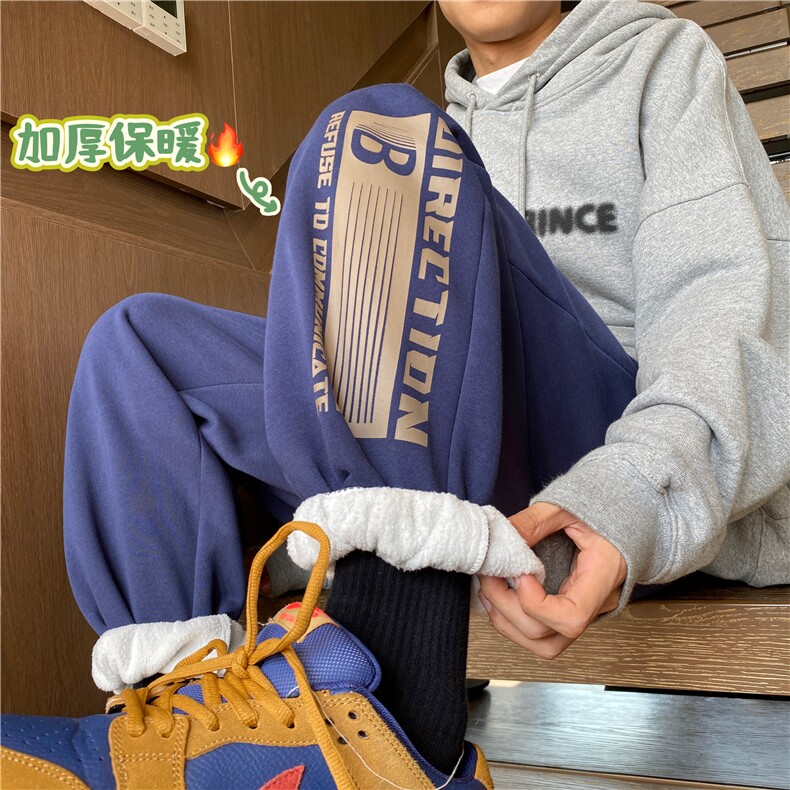 港风冬季新款潮流印花加绒宽松束脚卫裤B315-K23506-p65控78,男装休闲裤,电商B315