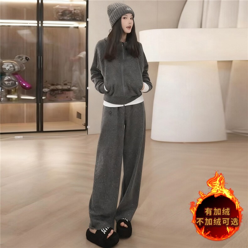 气质简洁休闲套装女秋冬新款韩系连帽卫衣直筒长裤显高显瘦两件套,女装套装/套裙,江南