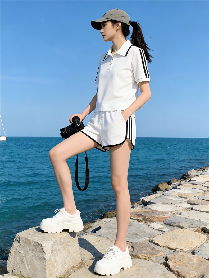 高品质运动休闲套装女夏新款纯色撞色拼接翻领短袖上衣短裤两件套,女装套装/套裙,江南