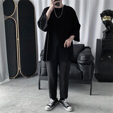 2021新款短袖T恤男宽松潮流纯色半袖上衣港风五分袖休闲-T，男装T恤，星座601-1