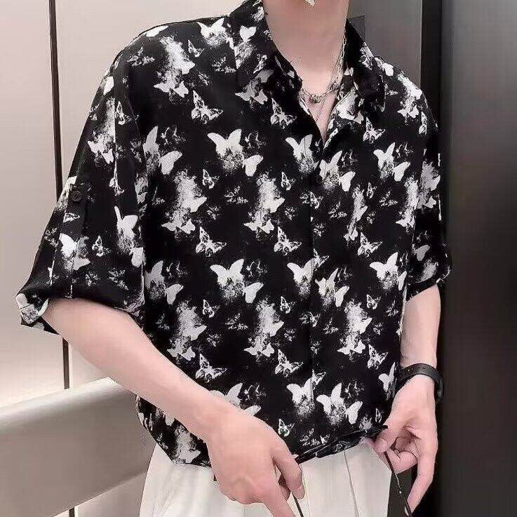 冰丝衬衫短袖男夏季潮牌痞帅扎染衬衣男款2025新款男士夏装半截袖图片