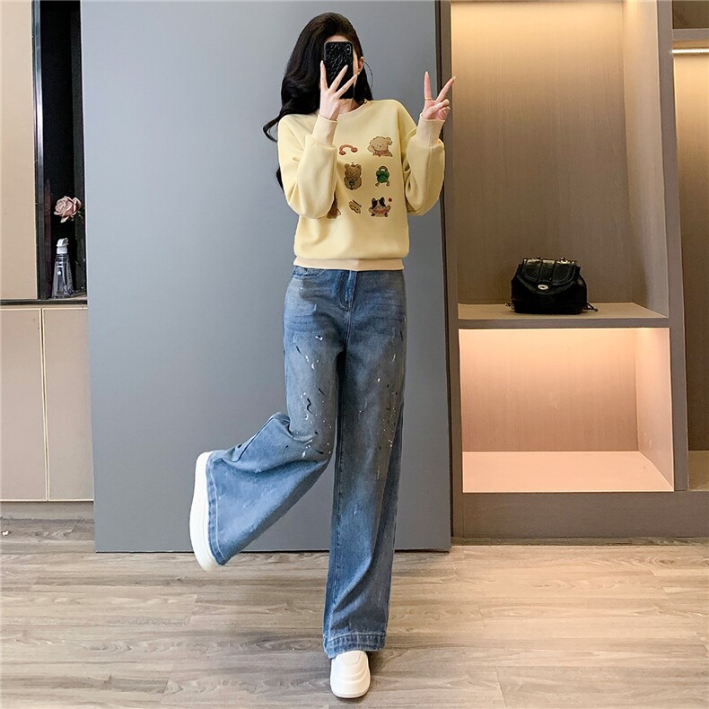 潮流时尚百搭套装女春季款时髦显瘦圆领印花长袖卫衣牛仔裤两件套,女装套装/套裙,江南