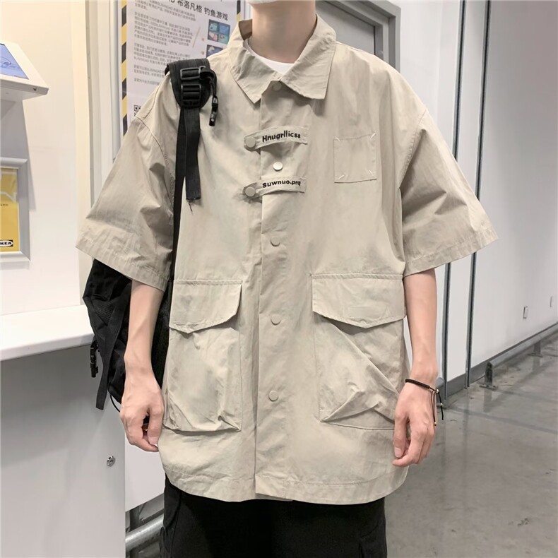 日系复古多口袋工装短袖衬衫男潮牌宽松情侣休闲衬衣CY350-P43,男装T恤,星座412