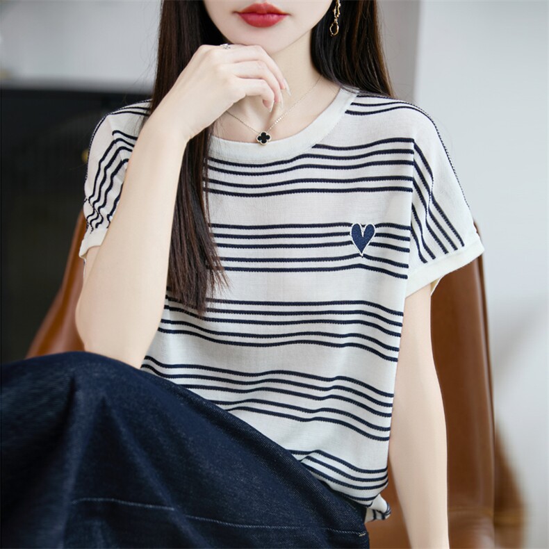 2025夏季新款圆领条纹爱心刺绣冰麻针织衫女宽松显瘦百搭短袖上衣,针织衫/毛衣,源达羊绒