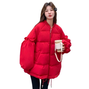 花边拼接白鸭绒棒球羽绒服女2025冬装保暖外套小个子跨年圣诞好看图片