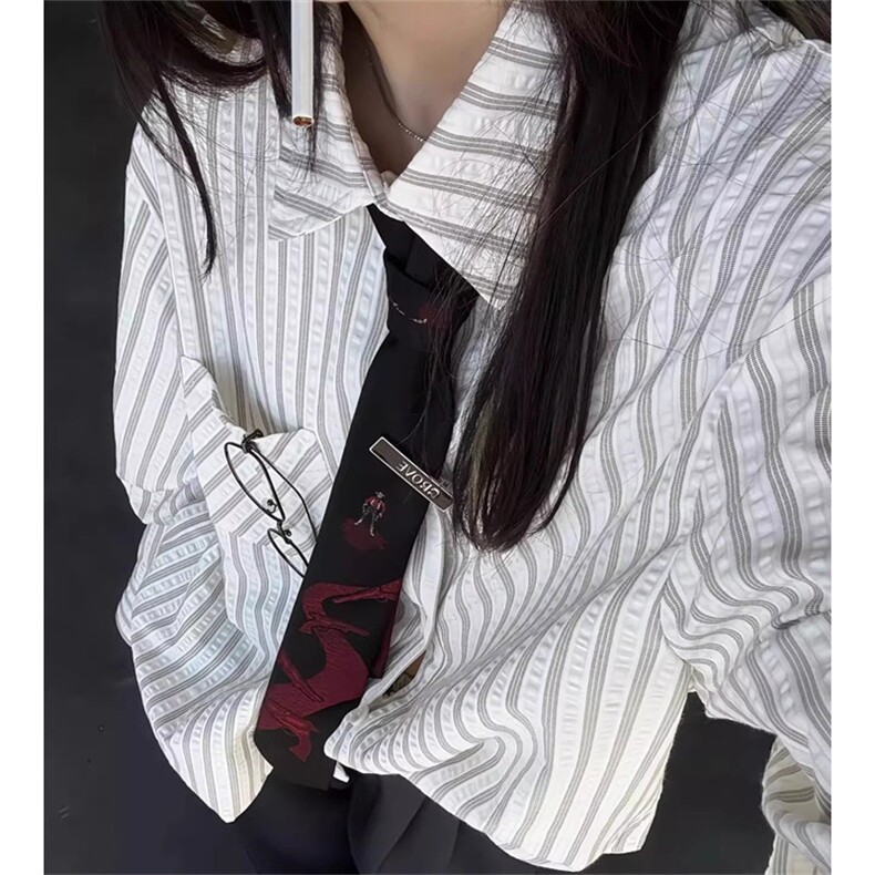 条纹泡泡纱衬衣高智感休闲正肩长袖衬衫复古条纹上衣 C229图片