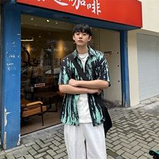 CS506～批35控49有货（自家图）黑白水墨花痞帅衬衫男生短袖夏季，男装衬衫，星座218-5