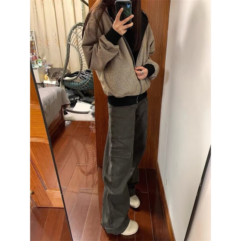 复古美式高街外套男女情侣秋冬款宽松慵懒风千鸟格夹克棒球服上衣,男装夹克,星座506A