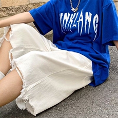 嘻哈复古夏季五分裤毛边水洗牛仔裤宽松直筒短裤男女同款裤子，男装牛仔裤，星座410-6（原星座1304-1）