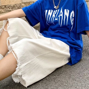嘻哈复古夏季五分裤毛边水洗牛仔裤宽松直筒短裤男女同款裤子图片