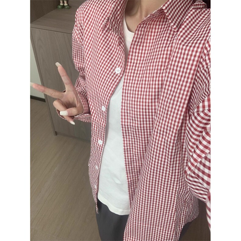 TC665-p45 美式复古格子衬衫女春秋设计感叠穿长袖衬衣图片