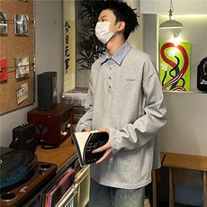 DK384-P50翻领拼接假两件长袖卫衣男春秋Polo条纹衫潮-网图现货，男装卫衣，星座603-2