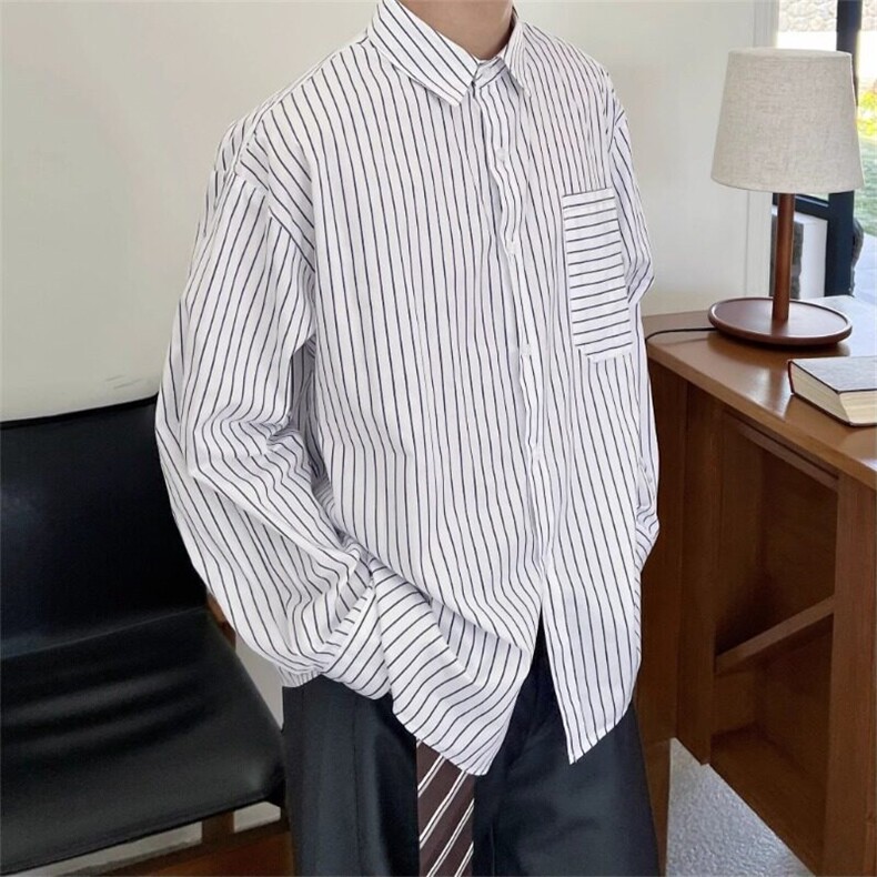 杭州现货时尚竖条纹廓形宽松白衬衫ins男休闲经典款复古百搭衬,男装衬衫,星座218-1（原230）