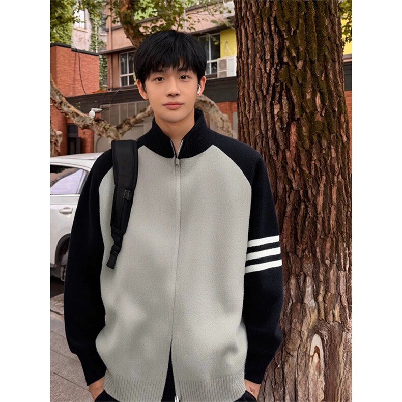 重磅秋冬北极绒开衫毛衣美式复古休闲慵懒风撞色立领针织衫外套，男装针织衫/毛衣，电商A486
