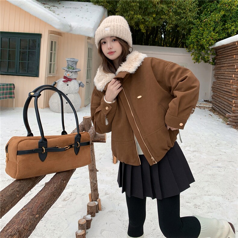 翻领麂皮绒短外套女加厚2025冬季新款小个子毛领保暖夹克皮毛一体，女装短外套，慧尚2-185