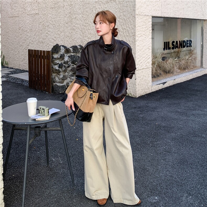 咖色高级感小香风皮衣外套女款2025秋超火减龄小个子pu皮夹克上衣,女装短外套,2C166