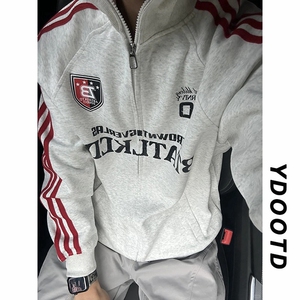 红色三条杠运动潮牌拉链开衫立领卫衣外套男ins潮高级感小众夹克图片