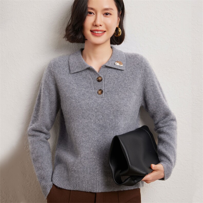 秋冬翻领刺绣刺猬100%羊绒衫女polo宽松时尚套头长袖针织打底上衣,女装羊绒衫,臻维羊绒