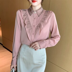 春季新款气质荷叶边雪纺衫衬衫轻熟小衫仙女长袖上衣，女装蕾丝衫/雪纺衫，美吧服饰