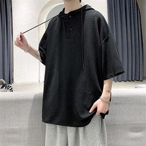 LD54099-P45 连帽短袖t恤男大码胖子带帽五分袖中袖 大皂风图片