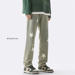 2023春vibe潮裤子男做旧复古印花星星修身拖地牛仔裤N9030-P60图片