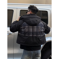 B09/P108控148冬季复古撞色蓝白格纹连帽短款设计棉服男黑首2，男装棉衣，星座305B