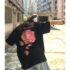 抖音得物供货210克现货宽松纯棉美式潮牌印花落肩袖纯棉T恤AT2186，男装T恤，电商A443