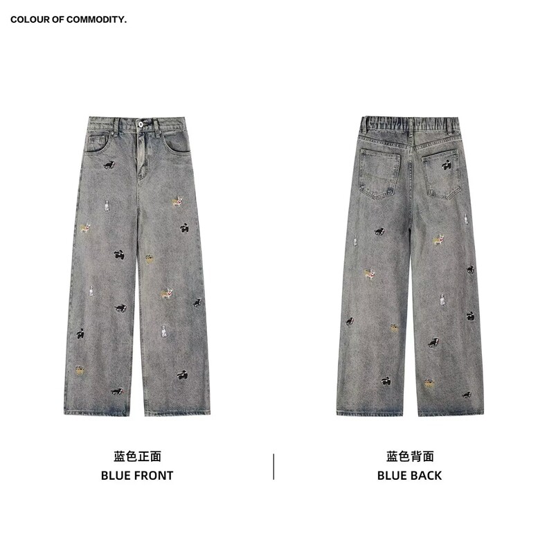 6626-P42趣味卡通小狗刺绣水洗牛仔裤男女高街宽松直筒阔腿裤,男装牛仔裤,电商B323A