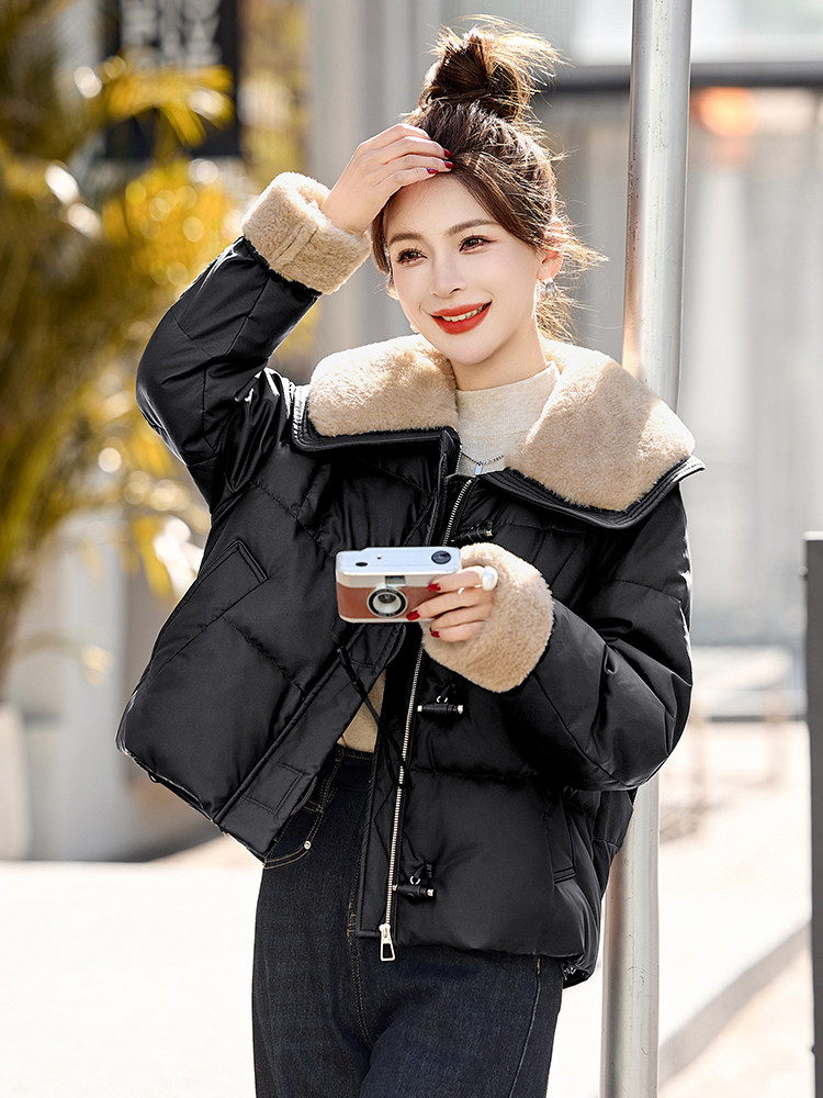 羊羔毛领拼接PU皮羽绒服女2025冬季新款小个子气质显瘦白鸭绒外套,女装羽绒服,慕咨