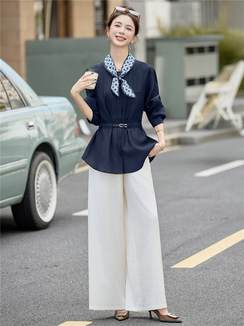 现货2025设计感纯色新款显瘦减龄时尚气质百搭两件套配丝巾,女装套装/套裙,众宇琦