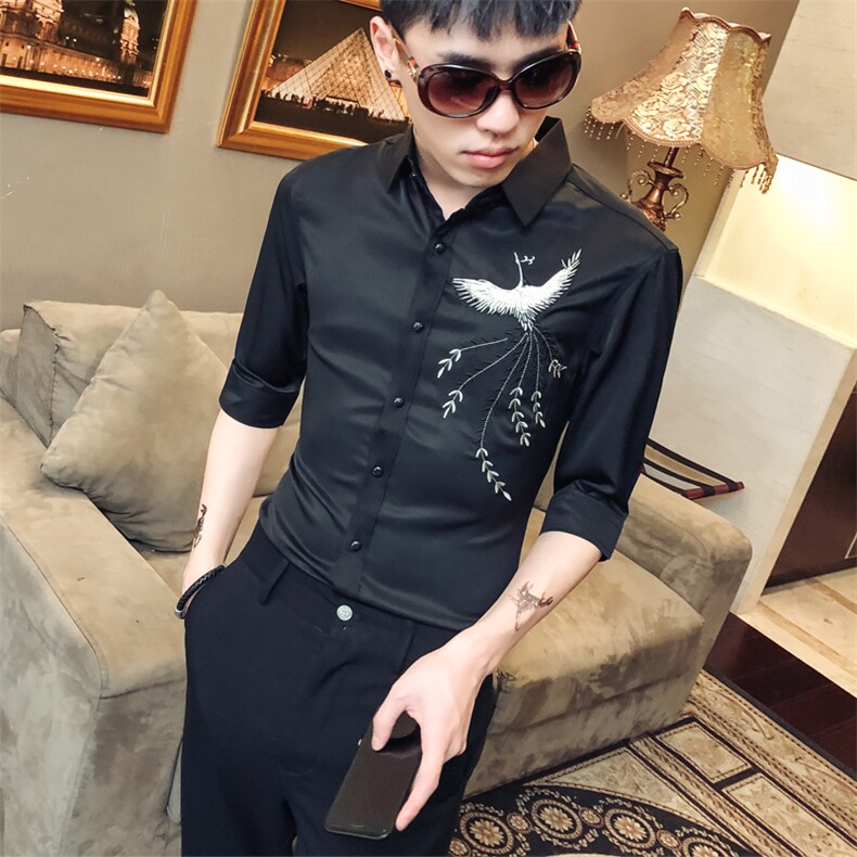 19春夏新款潮男高端时尚绣花七分袖夜店发型师衬衣社会风D453,男装衬衫,星座419（原A233）