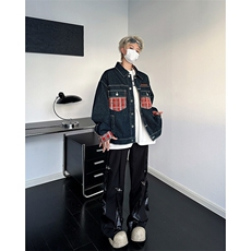 美式复古水洗高街潮牌牛仔夹克男春秋季新款宽松休闲百搭格子外套，男装夹克，星座410-7