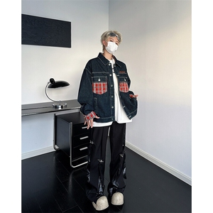 美式复古水洗高街潮牌牛仔夹克男春秋季新款宽松休闲百搭格子外套