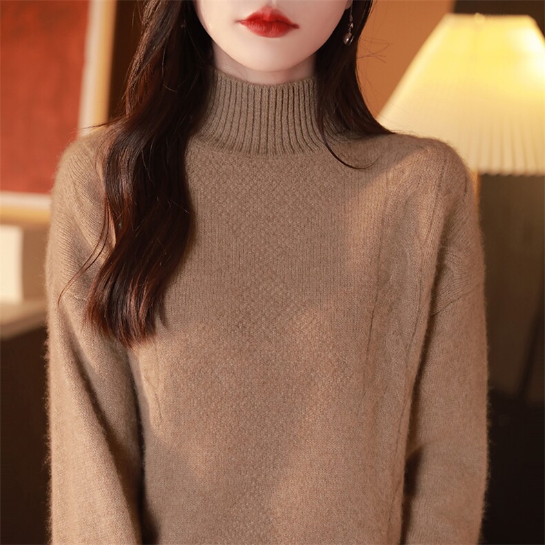 秋冬新款气质优雅半高领羊毛衫女宽松显瘦百搭毛衣,女装羊毛衫,邓利维